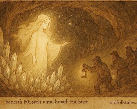 An illustration of glowing spirit princess guiding miners in Hallstatt salt caves, Austrian legend.