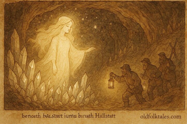 An illustration of glowing spirit princess guiding miners in Hallstatt salt caves, Austrian legend.