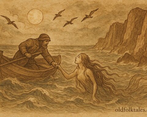 An illustration of fisherman rescuing sea king’s daughter in Danish folklore scene.