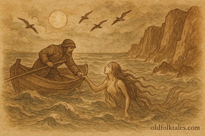An illustration of fisherman rescuing sea king’s daughter in Danish folklore scene.