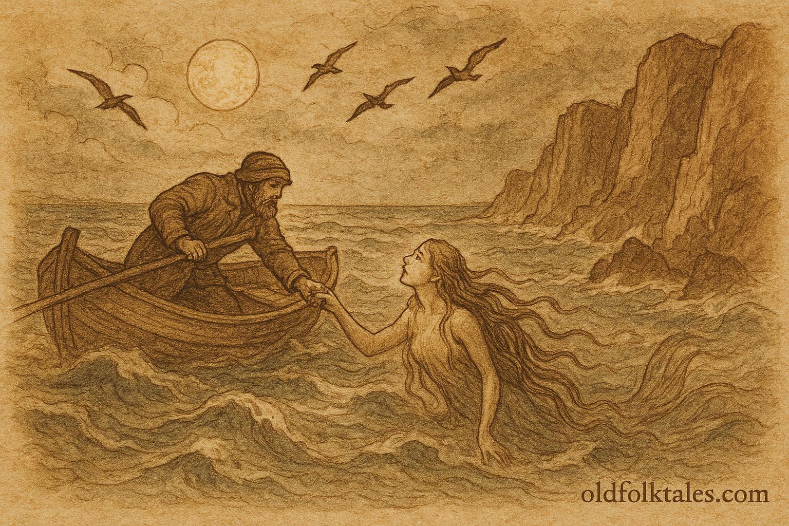 An illustration of fisherman rescuing sea king’s daughter in Danish folklore scene.