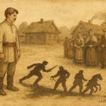 An artwork of man and separated shadow, Belarusian folktale scene.