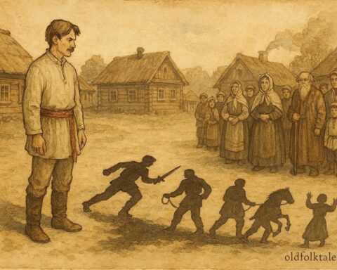 An artwork of man and separated shadow, Belarusian folktale scene.