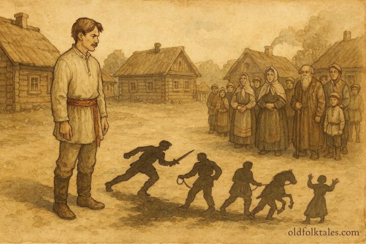 An artwork of man and separated shadow, Belarusian folktale scene.