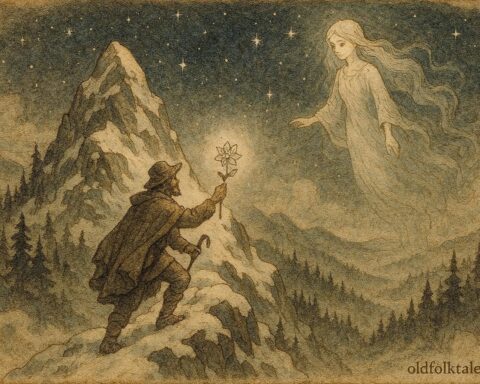 An illustration of shepherd climbing Alps to meet celestial maiden, Albanian folklore scene.