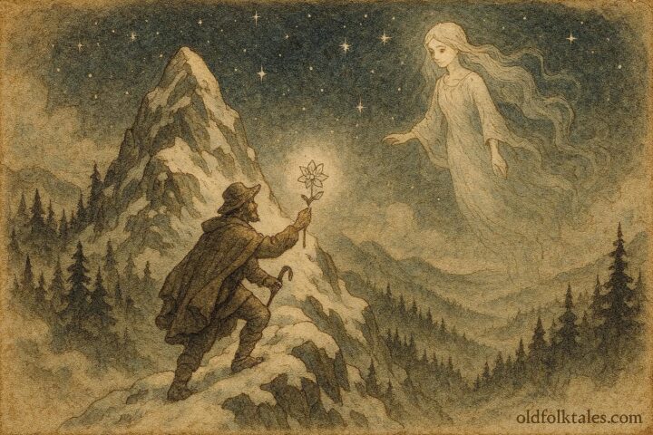 An illustration of shepherd climbing Alps to meet celestial maiden, Albanian folklore scene.