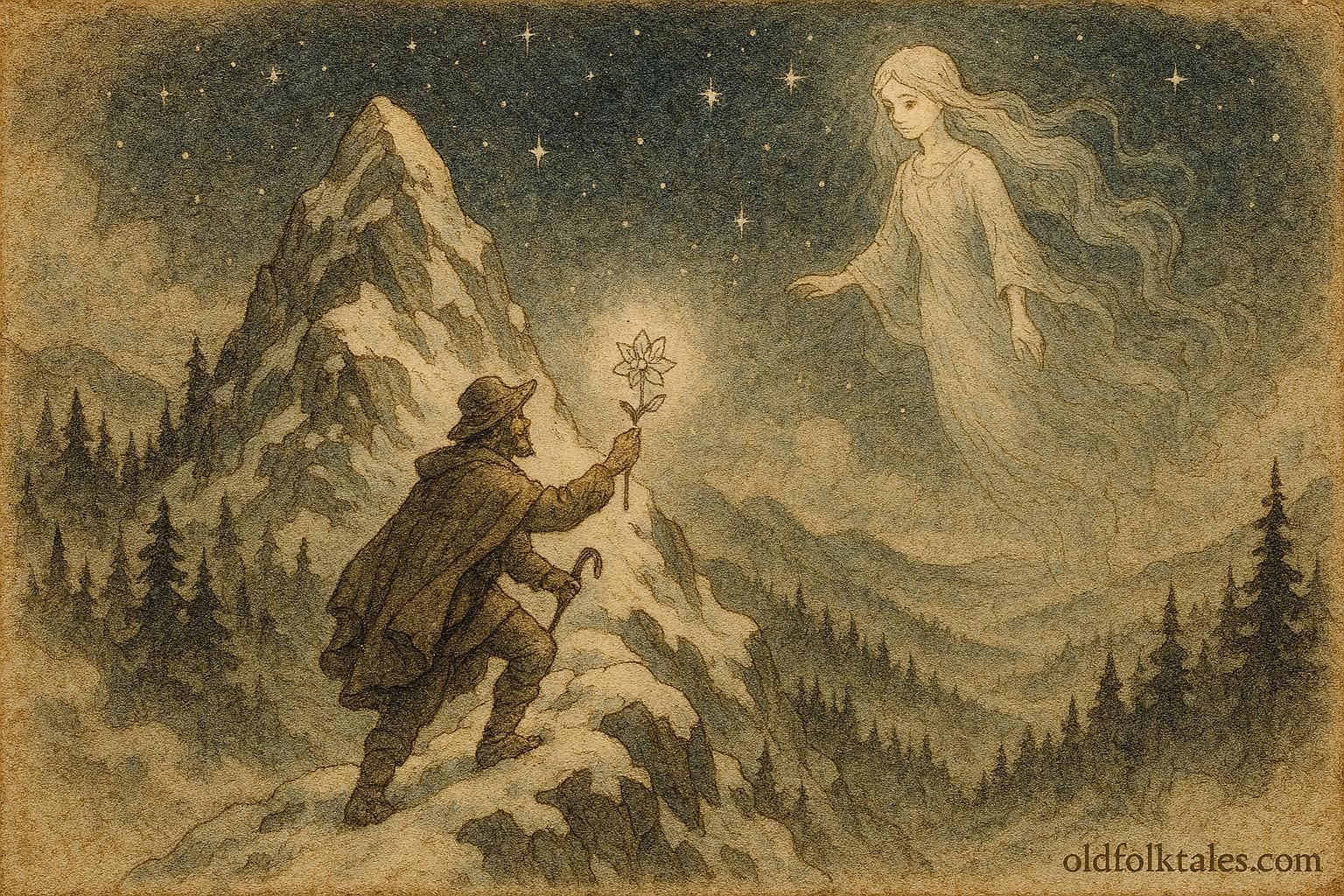 An illustration of shepherd climbing Alps to meet celestial maiden, Albanian folklore scene.