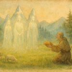 An illustration of shepherd offering bread to alpine spirits, Swiss folktale scene.