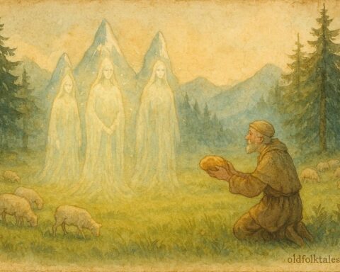 An illustration of shepherd offering bread to alpine spirits, Swiss folktale scene.