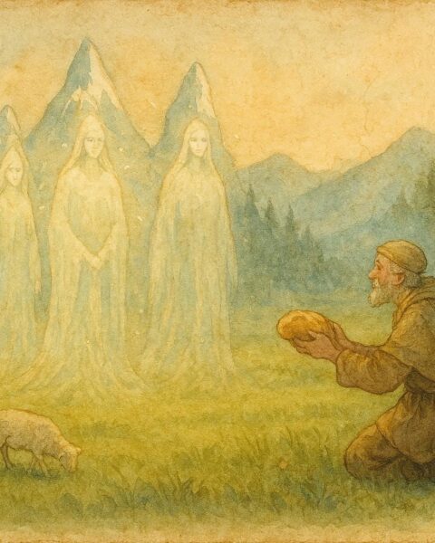 An illustration of shepherd offering bread to alpine spirits, Swiss folktale scene.