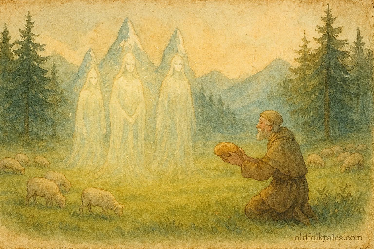 An illustration of shepherd offering bread to alpine spirits, Swiss folktale scene.