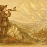 An illustration of a shepherd summoning animals and spirits with a silver horn, Hungarian folklore scene.