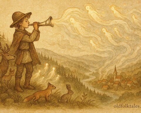 An illustration of a shepherd summoning animals and spirits with a silver horn, Hungarian folklore scene.