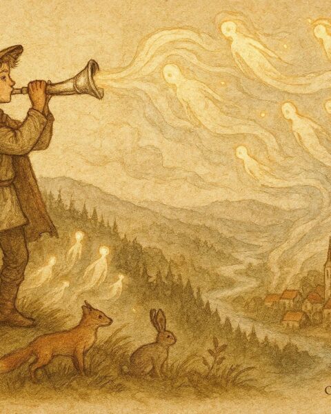 An illustration of a shepherd summoning animals and spirits with a silver horn, Hungarian folklore scene.