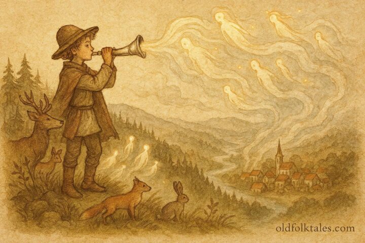 An illustration of a shepherd summoning animals and spirits with a silver horn, Hungarian folklore scene.