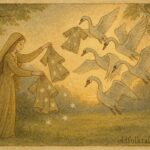 An illustration of princess freeing swan brothers, German folktale scene.