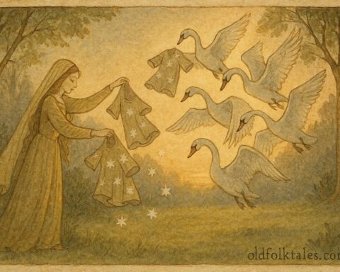 An illustration of princess freeing swan brothers, German folktale scene.