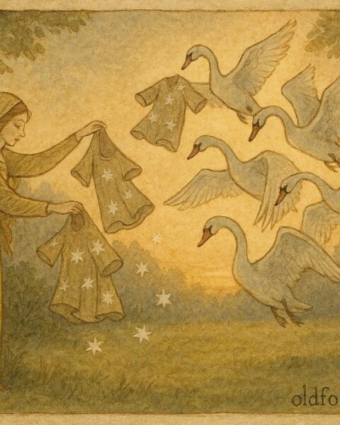 An illustration of princess freeing swan brothers, German folktale scene.