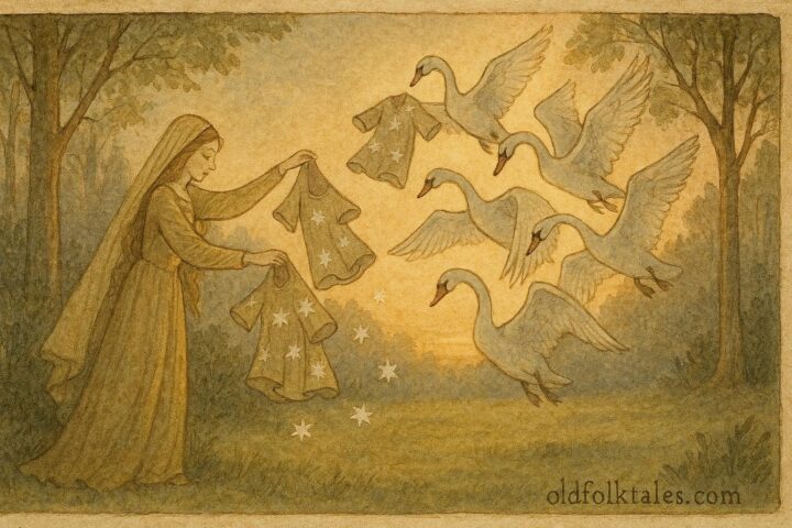 An illustration of princess freeing swan brothers, German folktale scene.