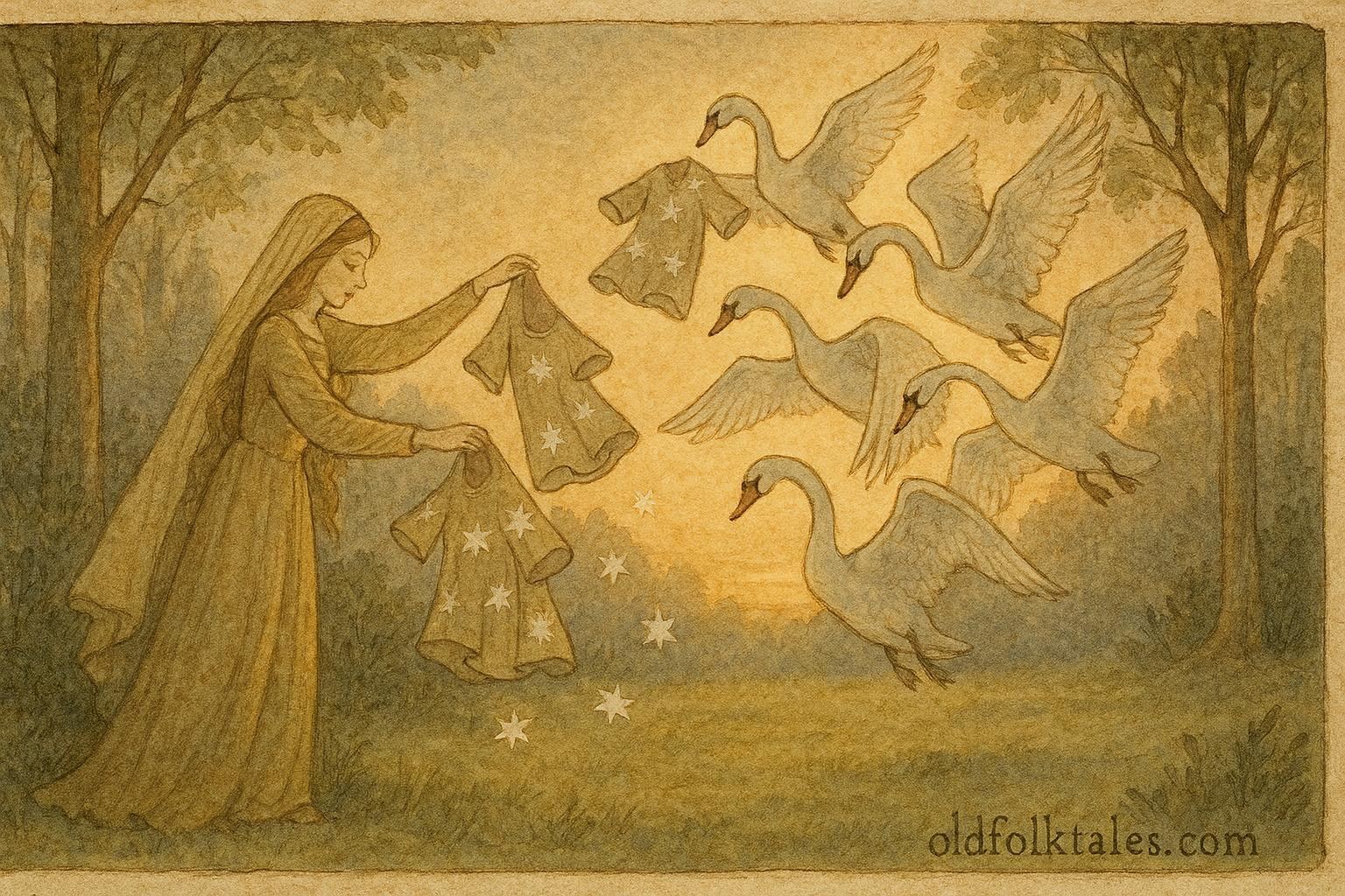 An illustration of princess freeing swan brothers, German folktale scene.