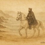 An artwork of King Sebastian riding through fog, Portuguese national legend scene.