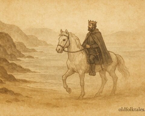An artwork of King Sebastian riding through fog, Portuguese national legend scene.