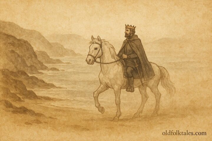 An artwork of King Sebastian riding through fog, Portuguese national legend scene.