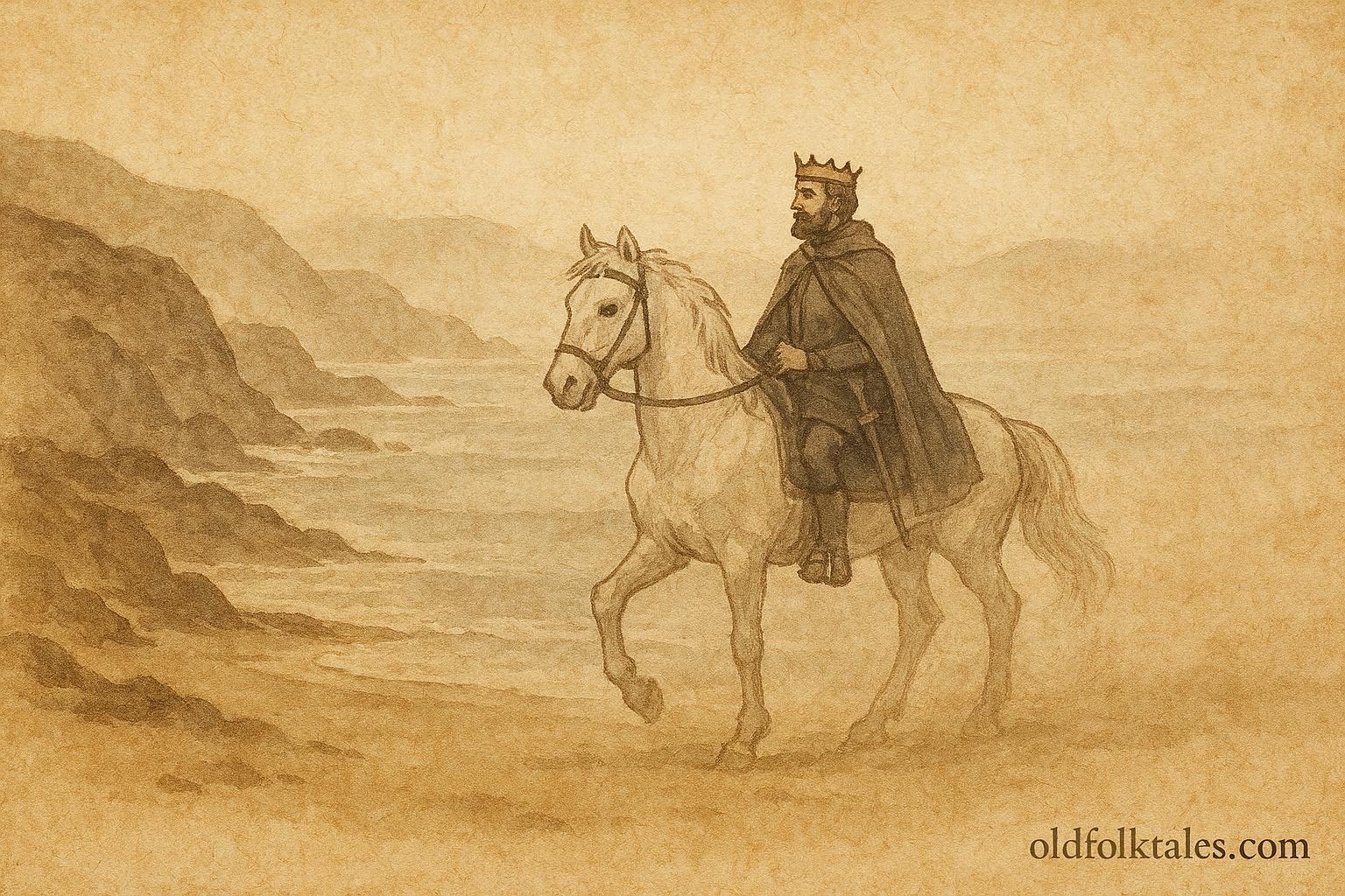 An artwork of King Sebastian riding through fog, Portuguese national legend scene.