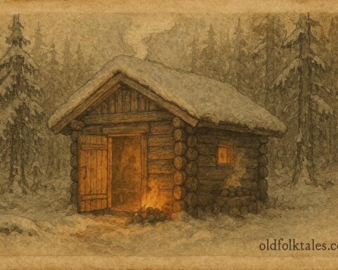 An artwork of Finnish sauna with glowing steam, folklore spirit presence.