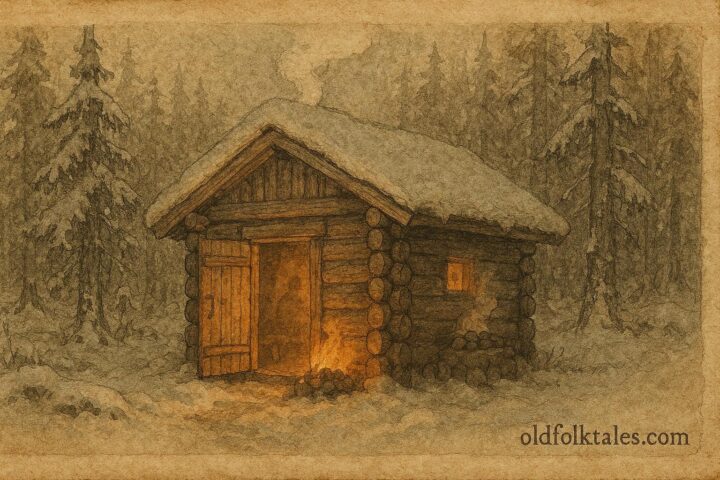 An artwork of Finnish sauna with glowing steam, folklore spirit presence.