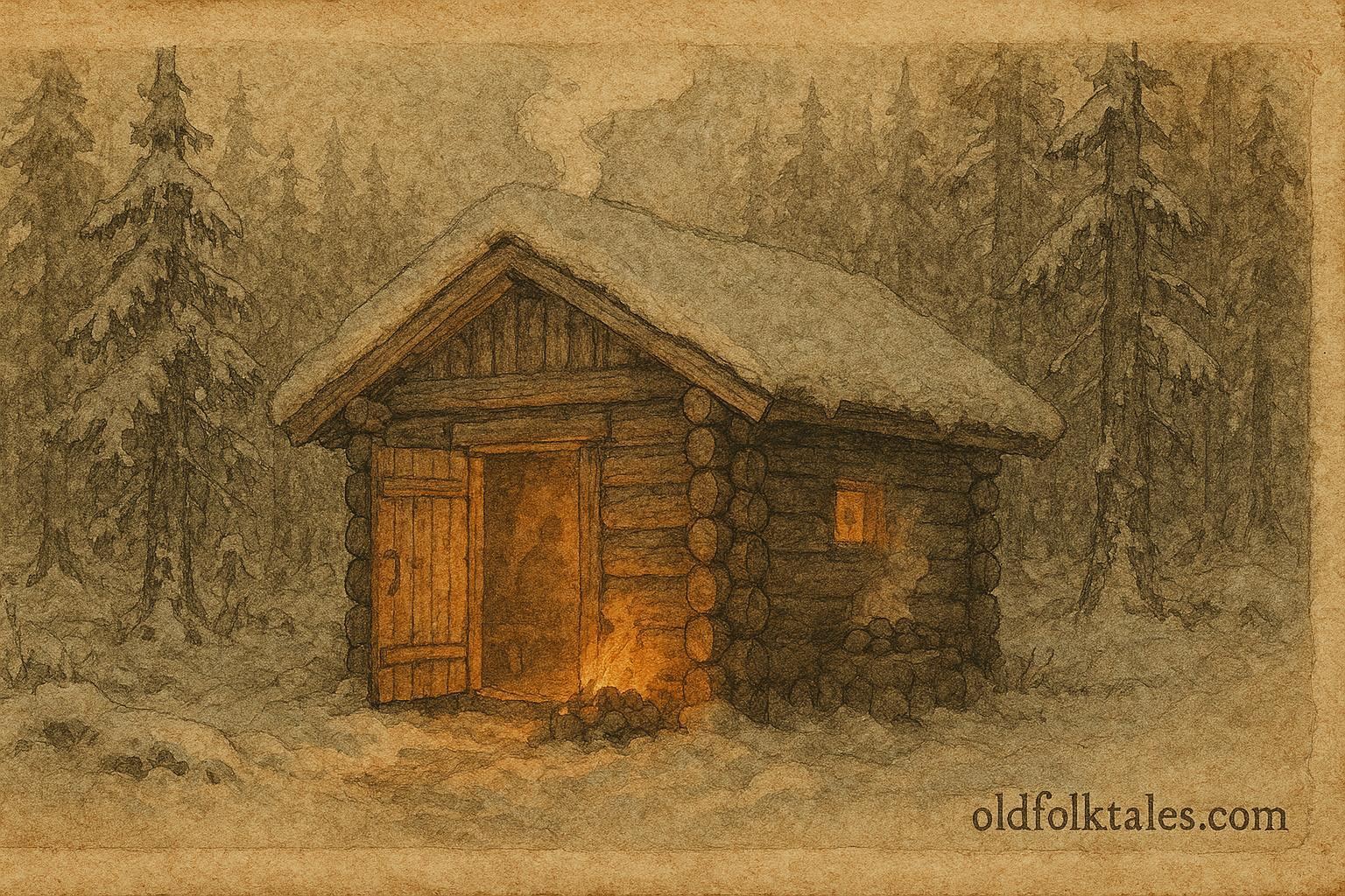 An artwork of Finnish sauna with glowing steam, folklore spirit presence.
