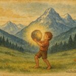 An illustration of boy lifting magical stone, Swiss Alps folktale scene.