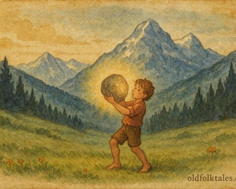 An illustration of boy lifting magical stone, Swiss Alps folktale scene.