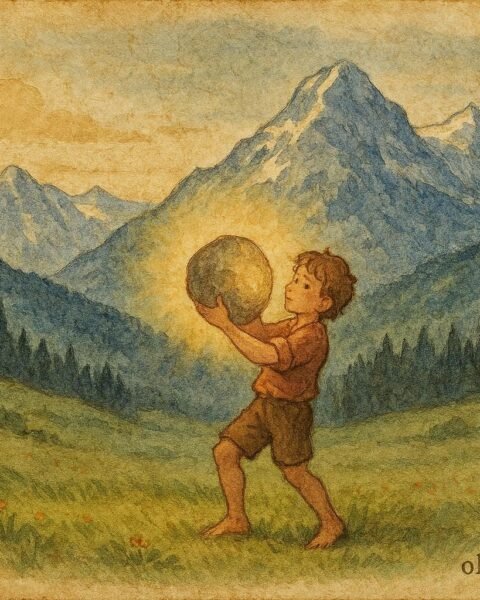 An illustration of boy lifting magical stone, Swiss Alps folktale scene.