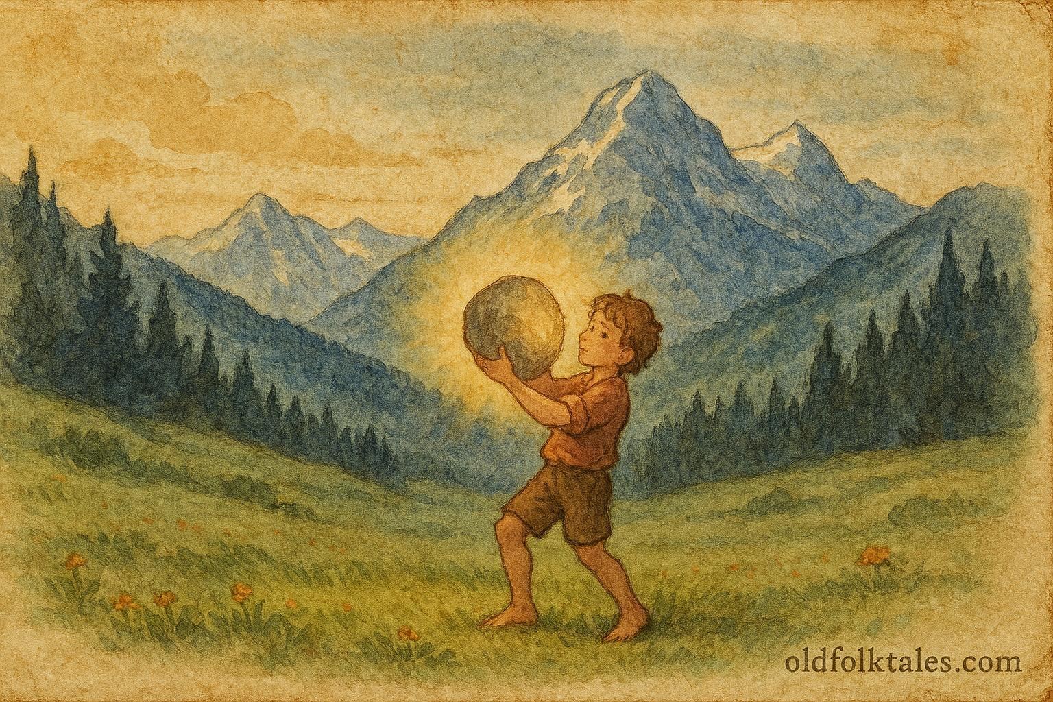 An illustration of boy lifting magical stone, Swiss Alps folktale scene.