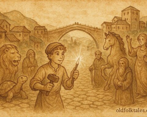 An illustration of Jovan carving animated statues in Mostar, Bosnian folklore scene.