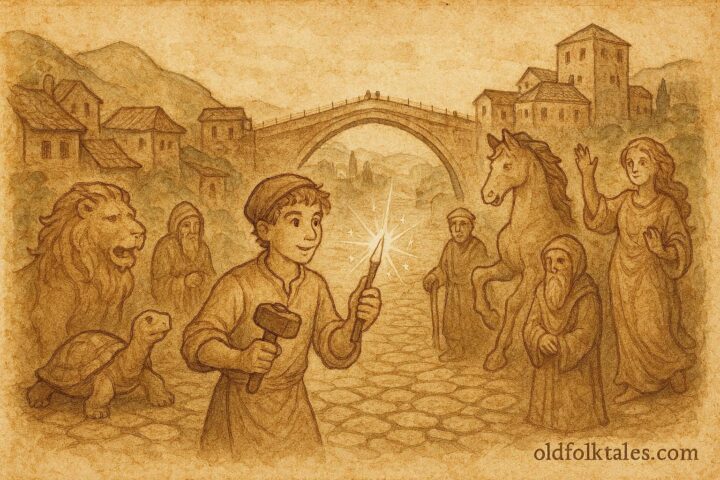 An illustration of Jovan carving animated statues in Mostar, Bosnian folklore scene.