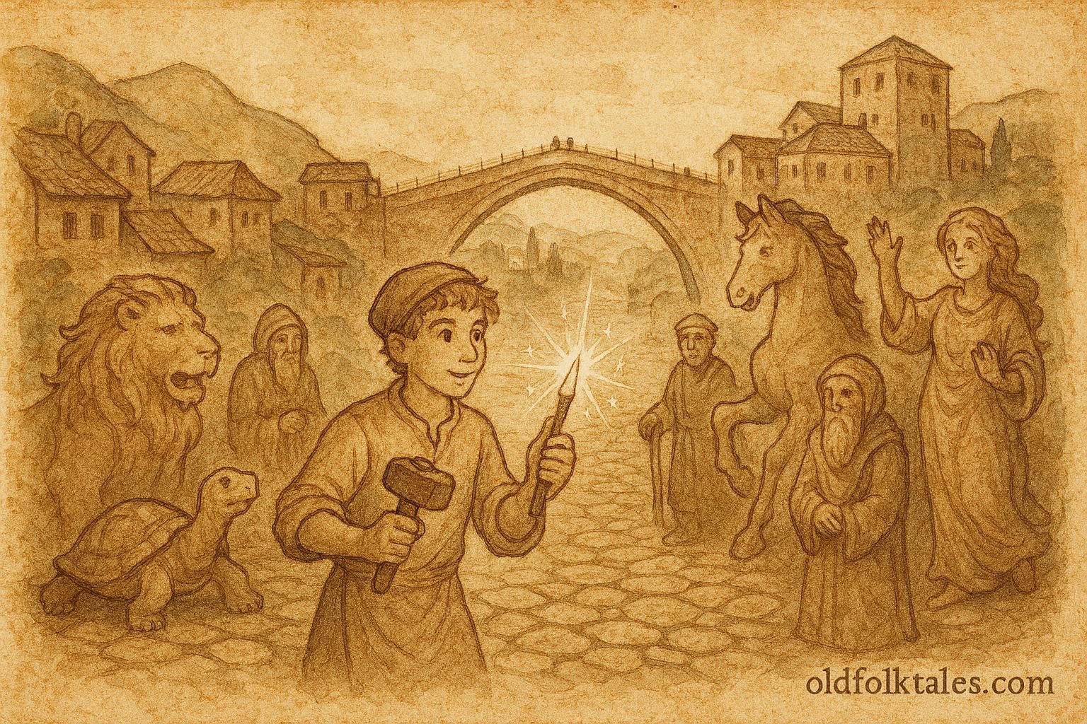 An illustration of Jovan carving animated statues in Mostar, Bosnian folklore scene.