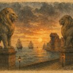 An illustration of two stone lions guarding the harbor of Gdańsk against the Baltic Sea.