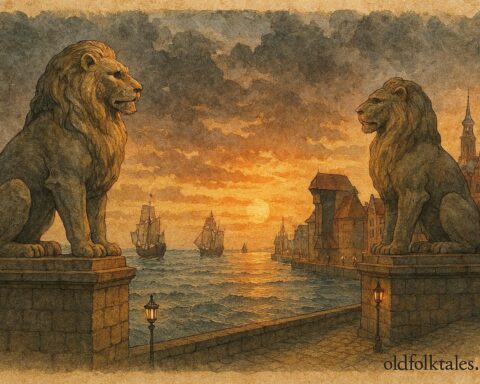 An illustration of two stone lions guarding the harbor of Gdańsk against the Baltic Sea.