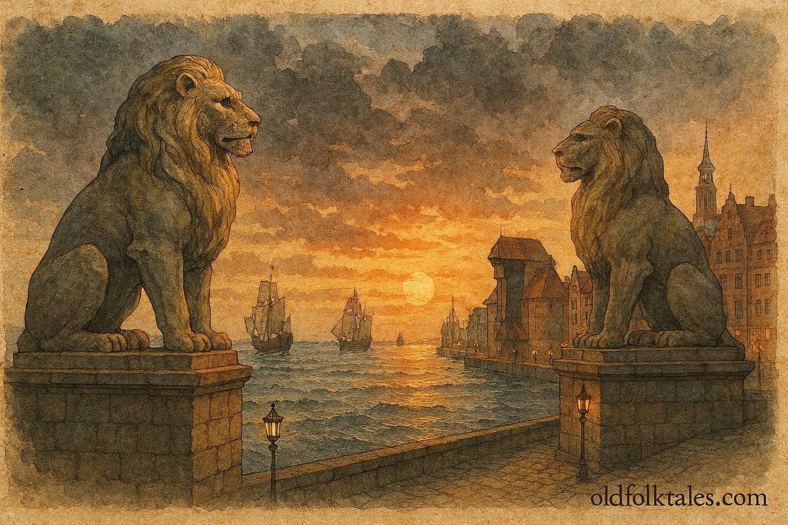An illustration of two stone lions guarding the harbor of Gdańsk against the Baltic Sea.