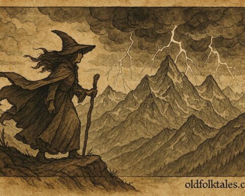 An illustration of storm witch summoning thunder over Swiss Alps in Val d’Anniviers legend.