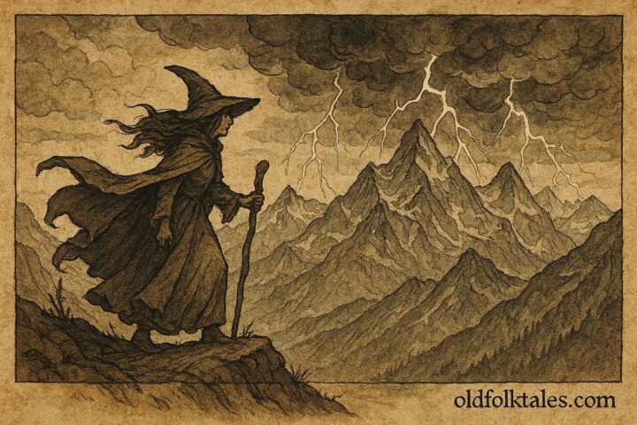 An illustration of storm witch summoning thunder over Swiss Alps in Val d’Anniviers legend.