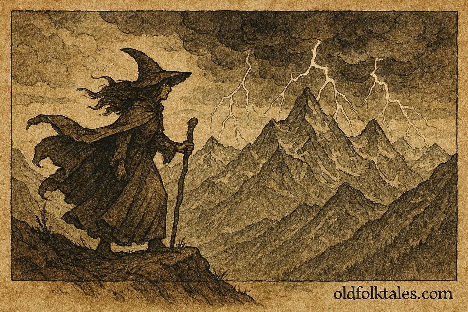 An illustration of storm witch summoning thunder over Swiss Alps in Val d’Anniviers legend.