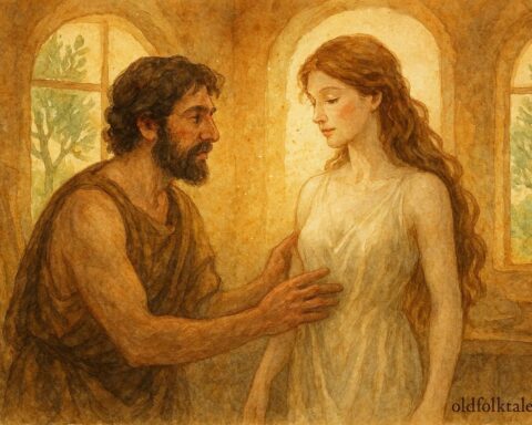 An artwork of Pygmalion watching Galatea come to life, Ancient Greek myth.