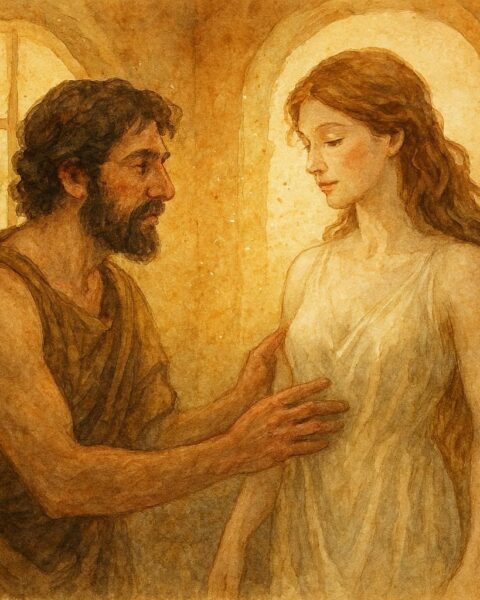 An artwork of Pygmalion watching Galatea come to life, Ancient Greek myth.