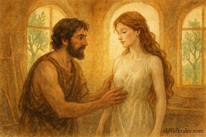 An artwork of Pygmalion watching Galatea come to life, Ancient Greek myth.