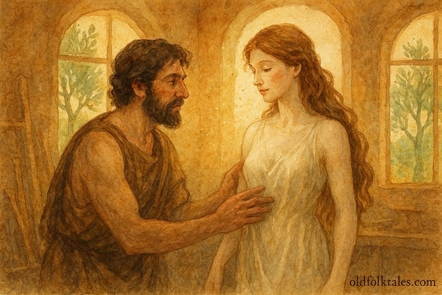 An artwork of Pygmalion watching Galatea come to life, Ancient Greek myth.