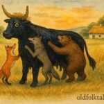 An illustration of a straw bull trapping forest animals in a Ukrainian field.