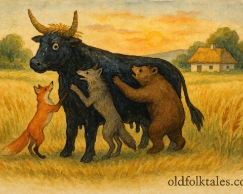 An illustration of a straw bull trapping forest animals in a Ukrainian field.